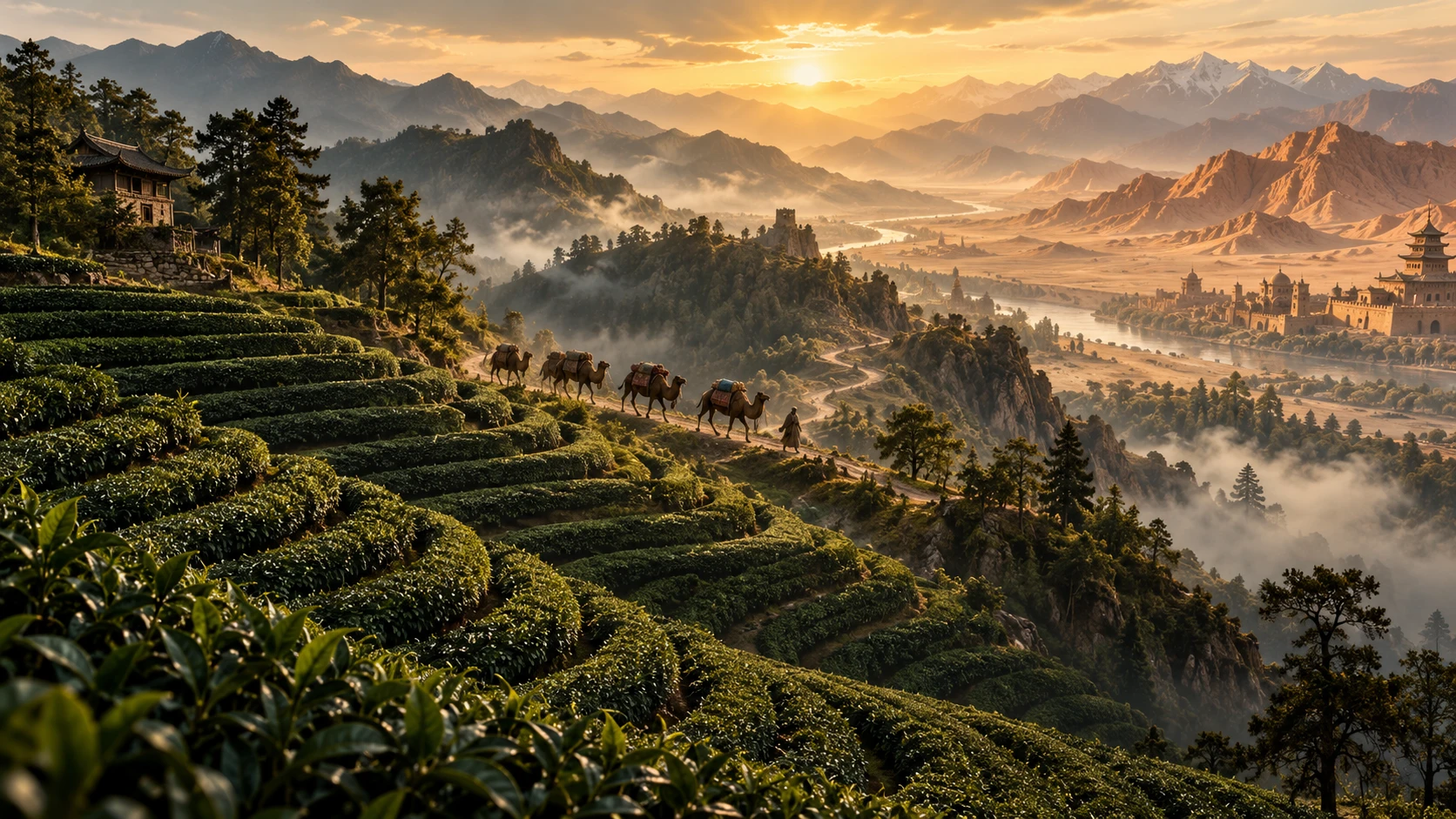 An artistic landscape connecting tea mountains and Silk Road caravans
